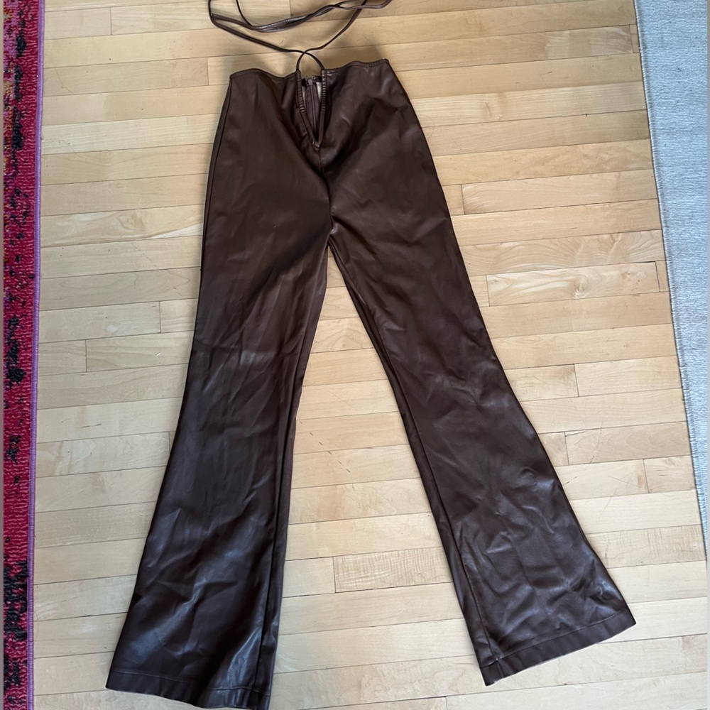 Nasty Gal Brown Leather high waist tie up pants